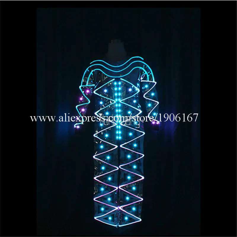 Full Color LED Light Up Optic Fiber Dance Costumes RGB Led Luminous Glowing Team Performance Clothes Led Robot Suit Jumpsuits