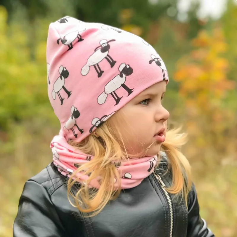 Autumn Winter Children Girls Cartoon Sheep Printing Cotton Hat Aand Scarf Set Animal Pattern Kids Caps Baby Beanie Bonnet