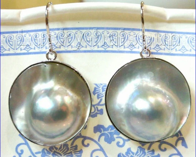 

FREE shipping AAA natural rare 22mm Gray South Sea Mabe Pearl Earrings 925sc j7457