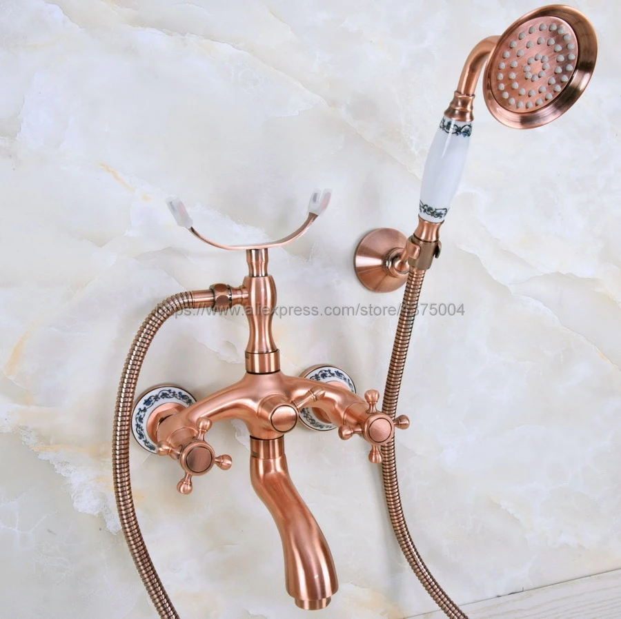 

Wall Mounted Bathtub Faucets Antique Red Copper Bathroom Tub Faucet W/Hand Shower Sprayer Clawfoot Mixer Tap Nna373