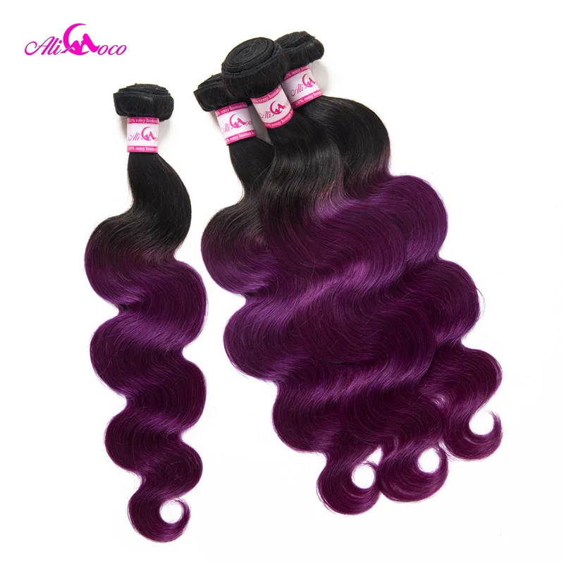 Ali Coco Body Wave 3 pakiet z zamknięciem 1B/fioletowy kolor brazylijskie pasma włosów z zamknięciem 8-28 cali doczepiane włosy Remy