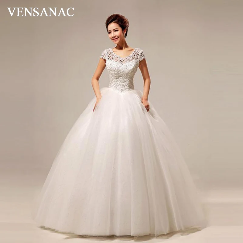 

VENSANAC Crystal O Neck Lace Appliques Ball Gown Wedding Dresses Sequined Hollow Out Short Cap Sleeve Bridal Gowns