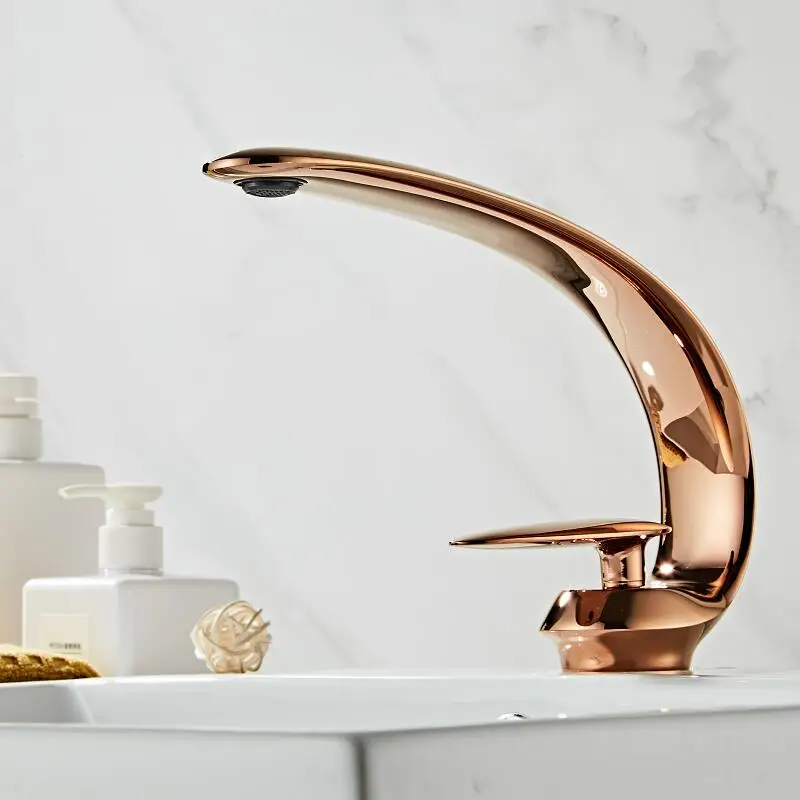 

Bathroom Basin Faucet Rose Gold Solid Brass Unique Design Sink Mixer Tap Hot and Cold Basin Mixer Bathroom Crane