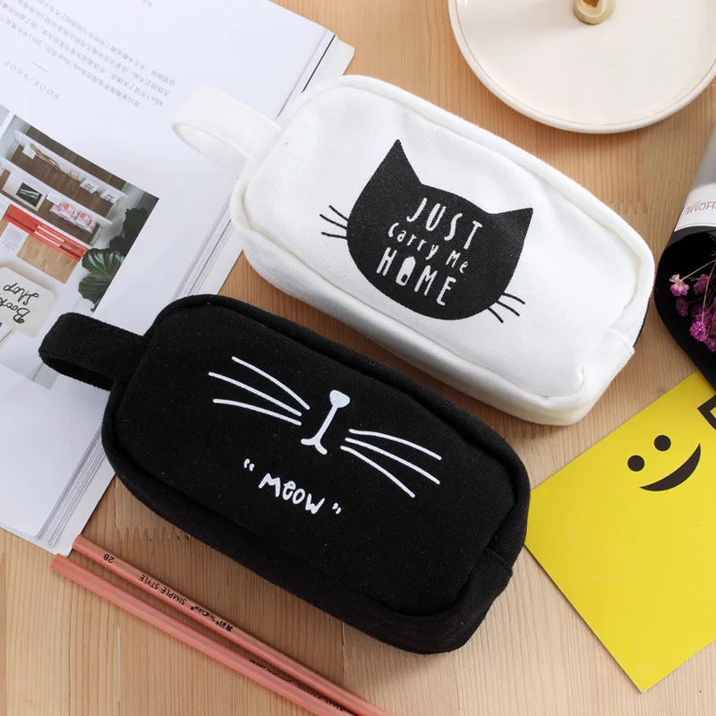 1 Pieces Kawaii Cute Cat Pen Pencil Case Canvas Bags for Girls Kids Gift Korean Stationery Office School Supplies