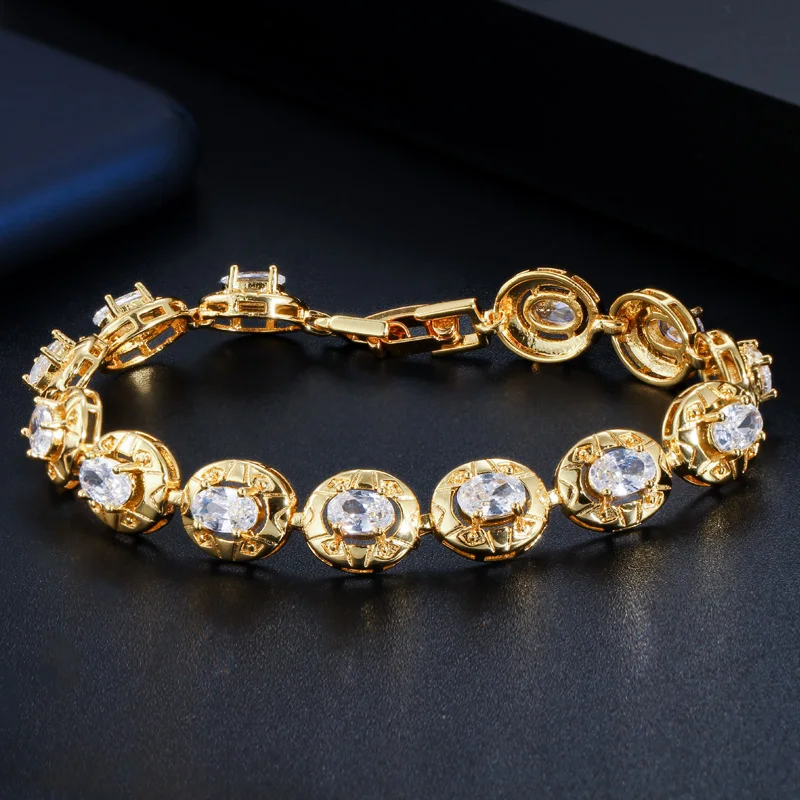 CWWZircons Elegant Dubai Yellow Gold Color Oval Cubic Zirconia Tennis Bracelet for Women Wedding Party Jewelry Accessories CB196