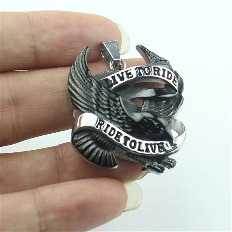 Punk Cool Men\'s Black & Silver color Live to Ride Hawk Eagle 316L Stainless Steel Pendant