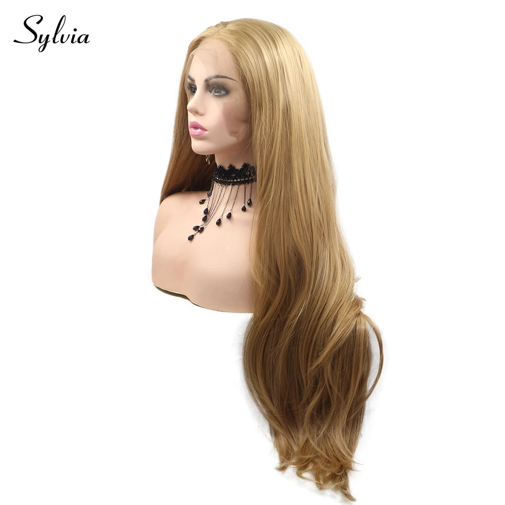 Sylvia Dark Gold Silky Straight Synthetic Lace Front Wigs Middle Parting 180% Density Natural Half Hand Tied Heat Resistant Hair