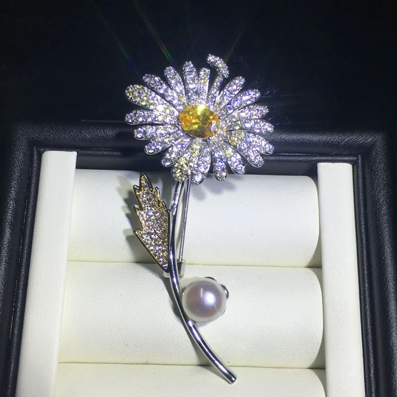 

ZHBORUINI High Quality Natural Freshwater Pearl Brooch Chinese Style Yellow Zircon Flower Brooch Pearl Jewelry For Women Gift