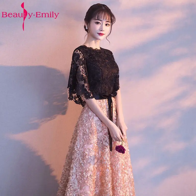 Beauty Emily-Vestidos de Noche largos de encaje negro, ropa Formal para fiestas, ocasiones de graduación, línea A, Media manga, 2019