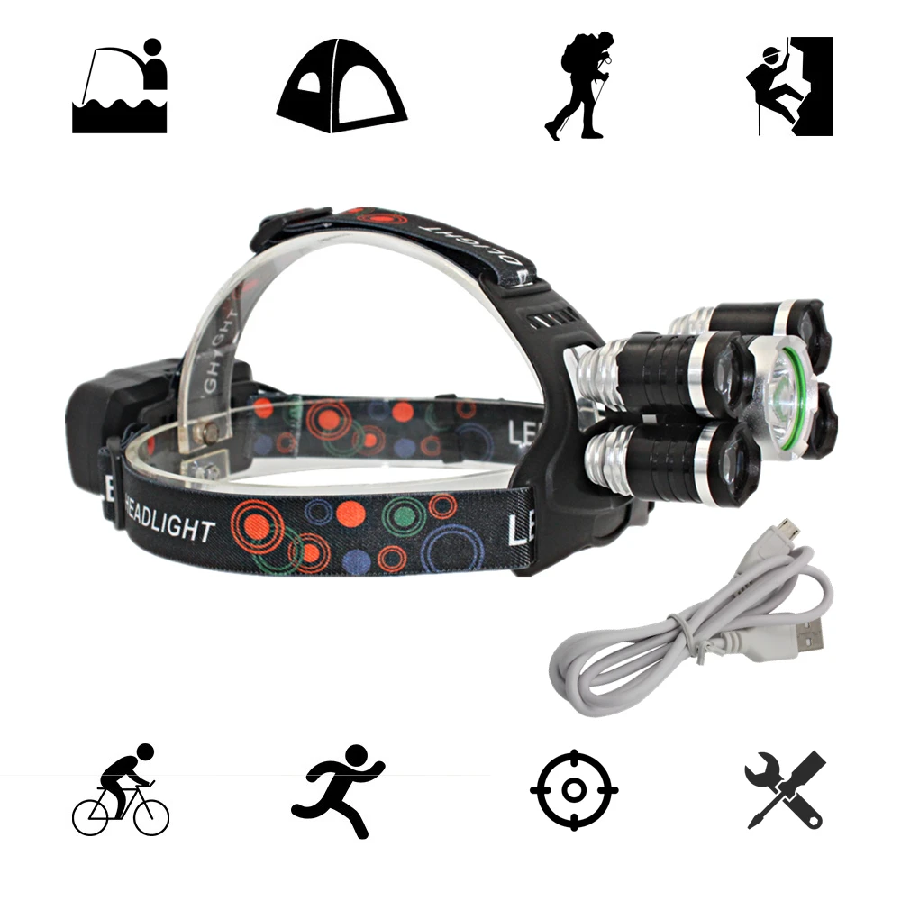 USB Rechargeable 5 LED Headlight T6 Q5 LED Headlamp Head Lamp Hunting Fishing Light with USB Charging Line