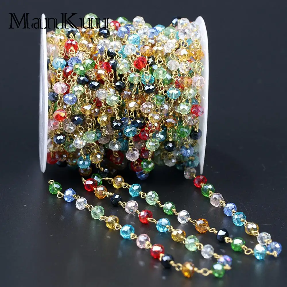 Mankuu 4*6mm Natural Glass Crystal Bead Chain Multi Colors Small Abacus Crystal Copper Brass Chain For DIY Jewelry Making 1M/lot