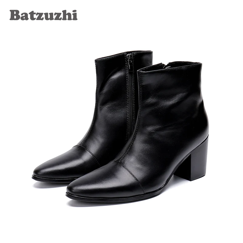 Batzuzhi Botas para Hombre, Botas de tacón alto de 7CM de cuero genuino, Botas de caballero negras hasta el tobillo para Hombre, Botas bonitas para