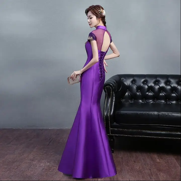 Purple Cheongsam Dress Women Chinese Oriental Fish tail Embroidered Summer Open Back Host Stage