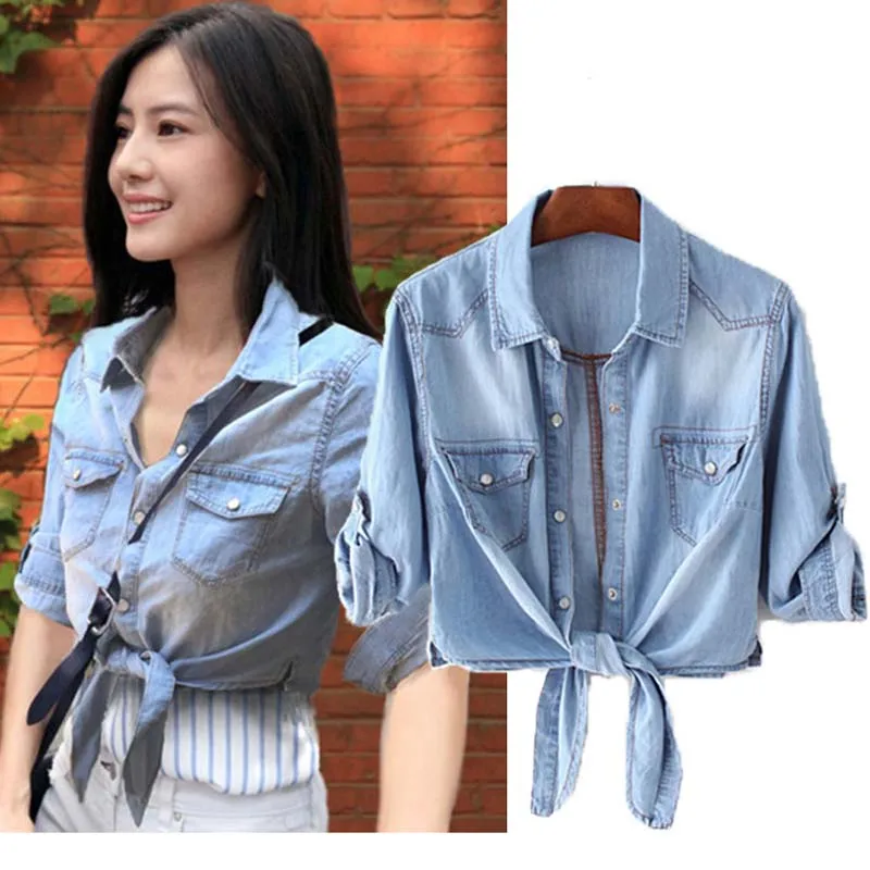 Của phụ nữ Áo Mùa Hè Nữ Denim Jacket Áo Sơ Mi Mỏng Ngắn Knot Khăn Choàng Crop Tops Cardigan Kem Chống Nắng Quần Áo