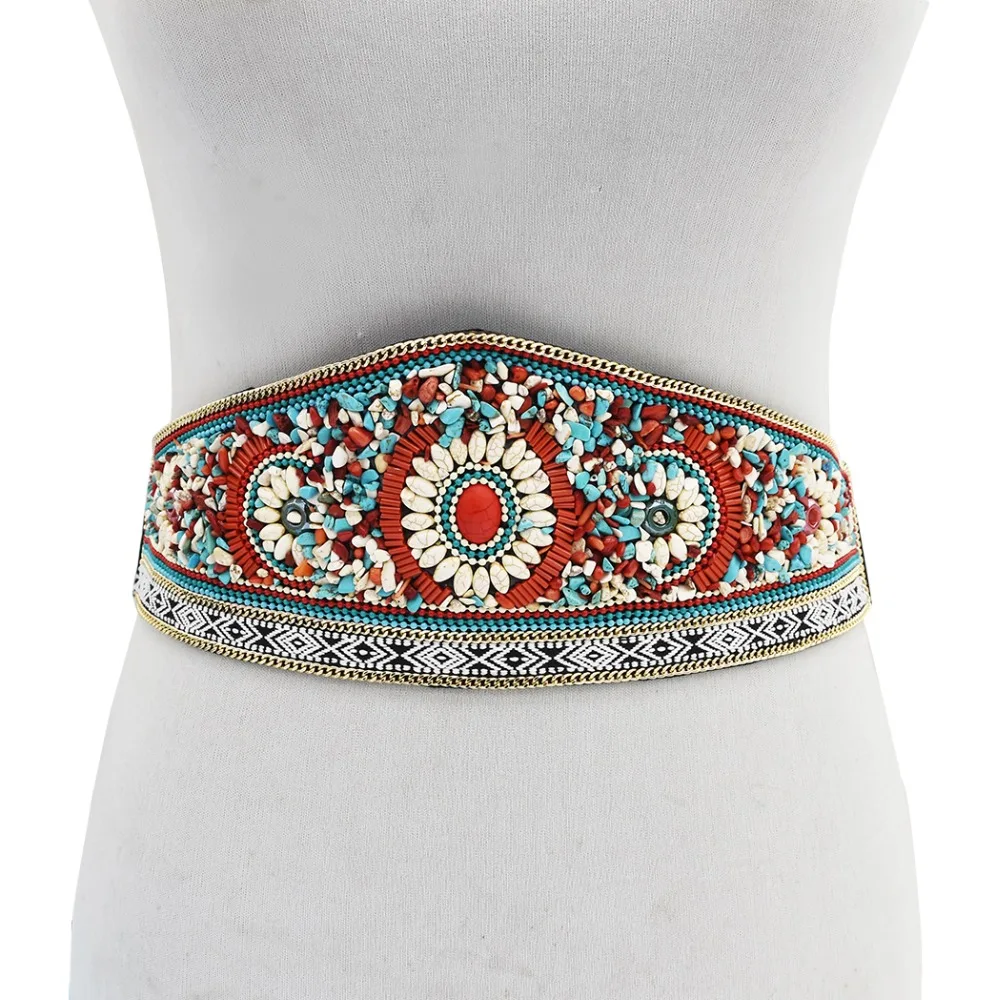 Ethnic Waistbands Elastic for Women Boho Colorful Resin Beads Wide Dress Belts Gypsy Turkey Belly Waist Body Chain India Jewelry