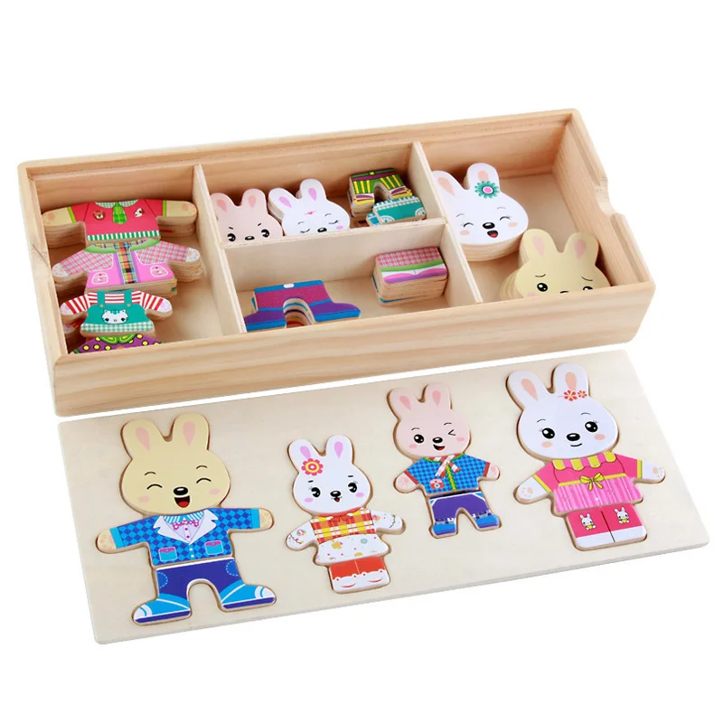 

4 Rabbit of Family Wooden Toys Dress Up Rabbit Dressing Jigsaw Puzzle 4 Kinds Kids Dress Changing Educational Montessori Toys