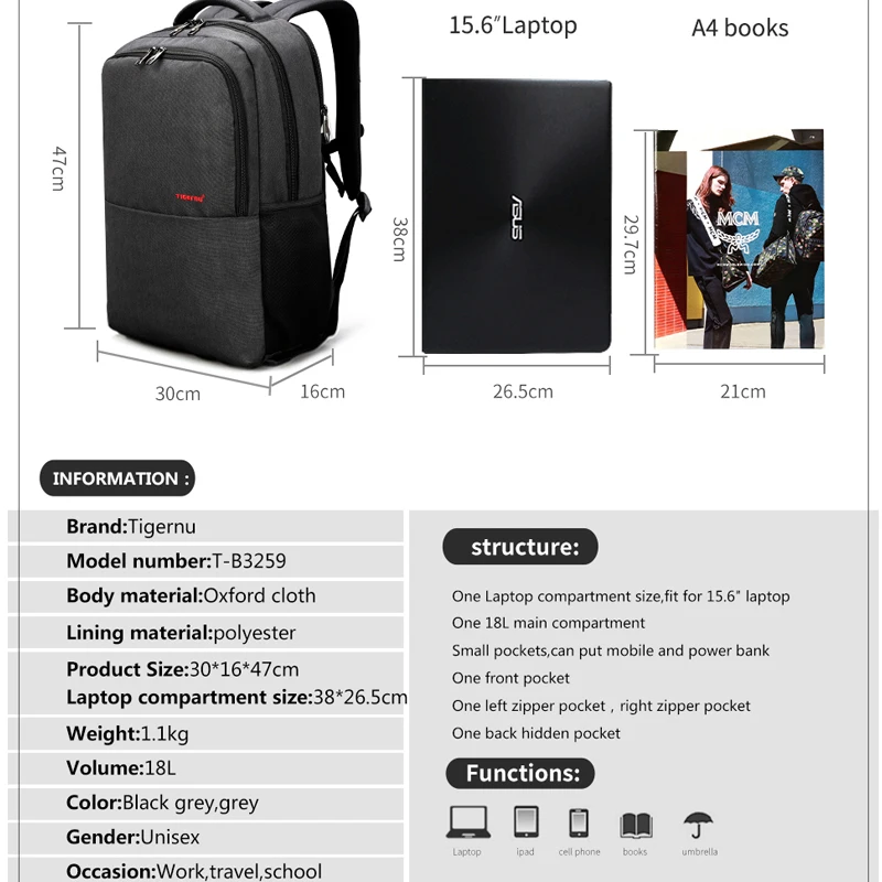 Mochila impermeável anti roubo Laptop, 15,6 \