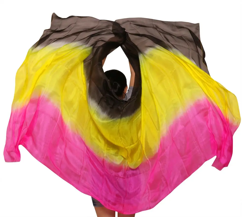 New Arrivals 100% Real Silk Belly Dancing Veil For Belly Dancers Scarf Shawl Rose+Yellow+ Black Colors 250/270*114 cm For Women