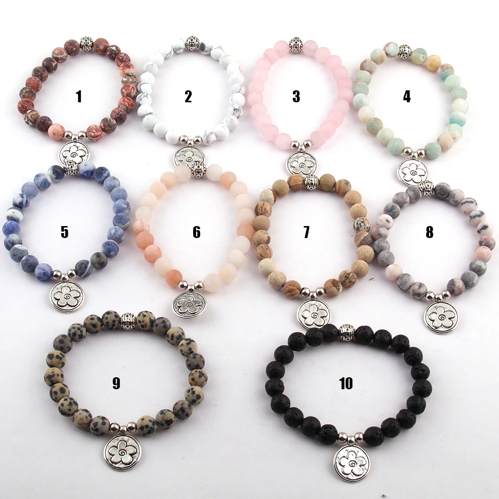 Wholesale Fashion Beautiful Natural Stone Wrist Mala Cross/Heart/Peace /Flower Charm Yoga Bracelet 30pc/lot