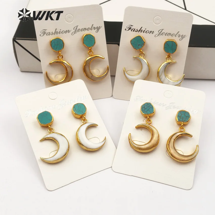 

WT-E428 Hotsale Women Beautiful White Shell Earrings Crescent Moon Earrings with Green Howlite Stone for sexy girl Jewelry