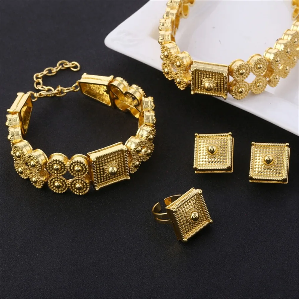 Ethiopian Jewelry Set Gold Color Chokers Necklace Bracelet Earrings Ring For Women Eritrea Habesha African