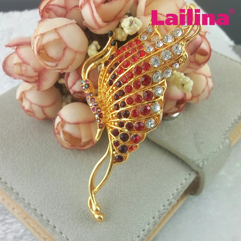 80mm Gold-tone wholesale bling multicolor flying butterfly shape rhinestone brooch, korean brooch jewelry decoration