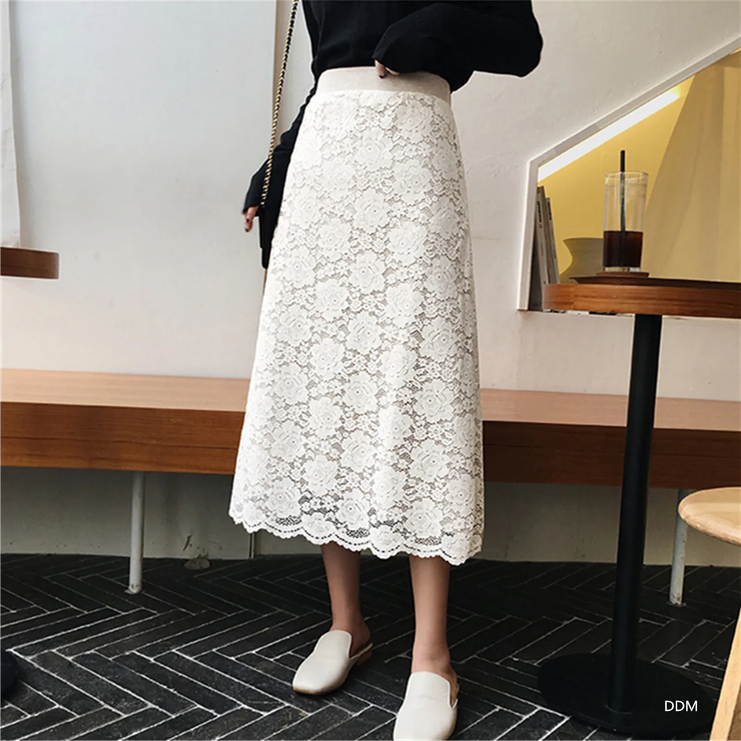 

Zuolunouba Casual Summer Skirts Women Patchwork A-line Hollow Out Mid-calf Lace Skirt High Waist Slim Half-length Skirt Female