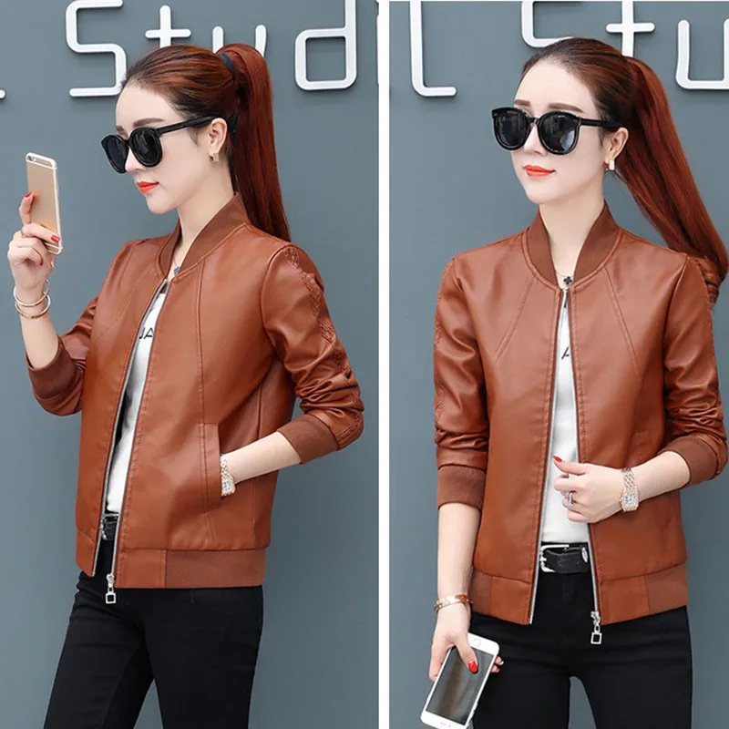 Fashion PU Leather Jacket 2025 NEW Women's Spring Autumn Short Outerwear Long-Sleeved Zipper Casual Motorcycle Coat Female