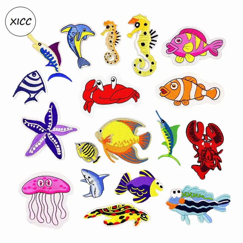 XICC Colorized Sea World Animal Marine Organism Fish Jellyfish Starfish Tortoise Iron On Embroidery Patches Sticker For Clothing