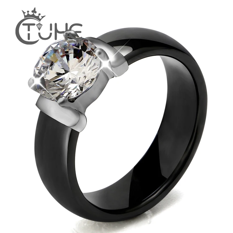 6mm White Black Ceramic Rings Plus Big Cubic Zirconia For Women Stainless Steel Women Wedding Ring Engagement Jewelry Never Fade