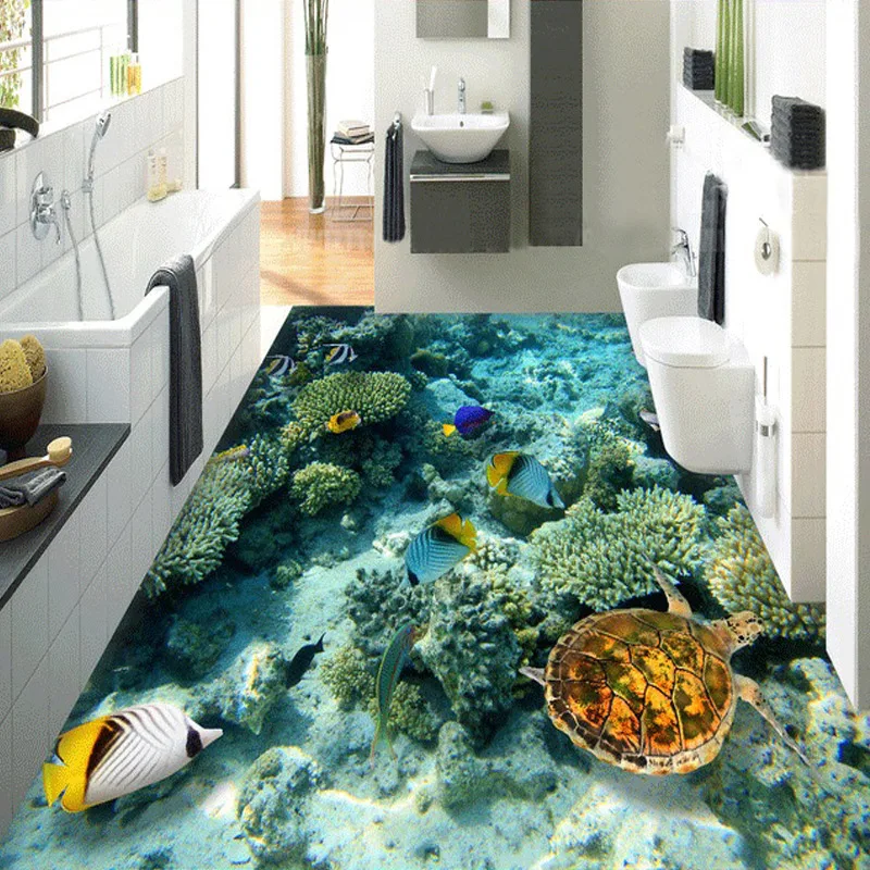 Custom 3D Floor Wallpaper Plastic Coral Sea Turtle Modern Mural Paintings PVC Self-adhesive Waterproof Bathroom Floor 3D Sticker