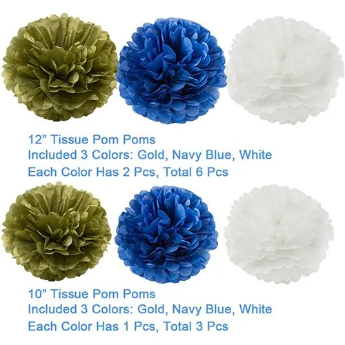15pcs/set Navy Blue White Gold Party Paper Flower Tissue Paper Pom Poms Paper Lantern Ball for Baby Shower Reveal Decorations