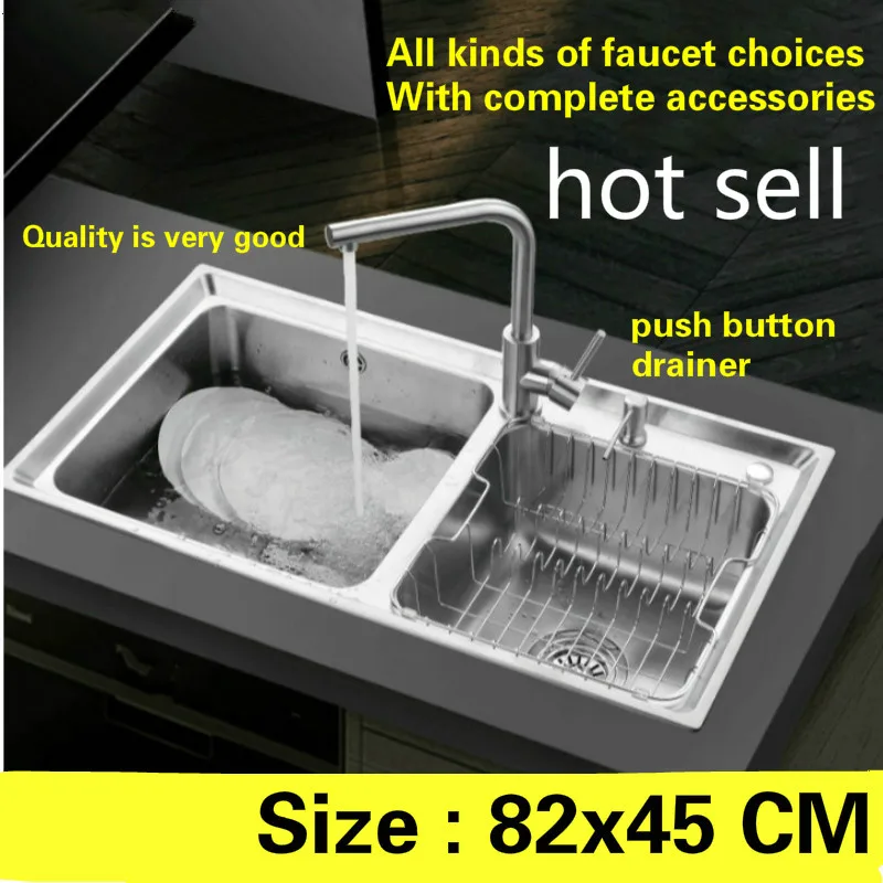 Free shipping Hot sell kitchen sink add push button drainer food grade 304 stainless steel double groove  82x45 CM