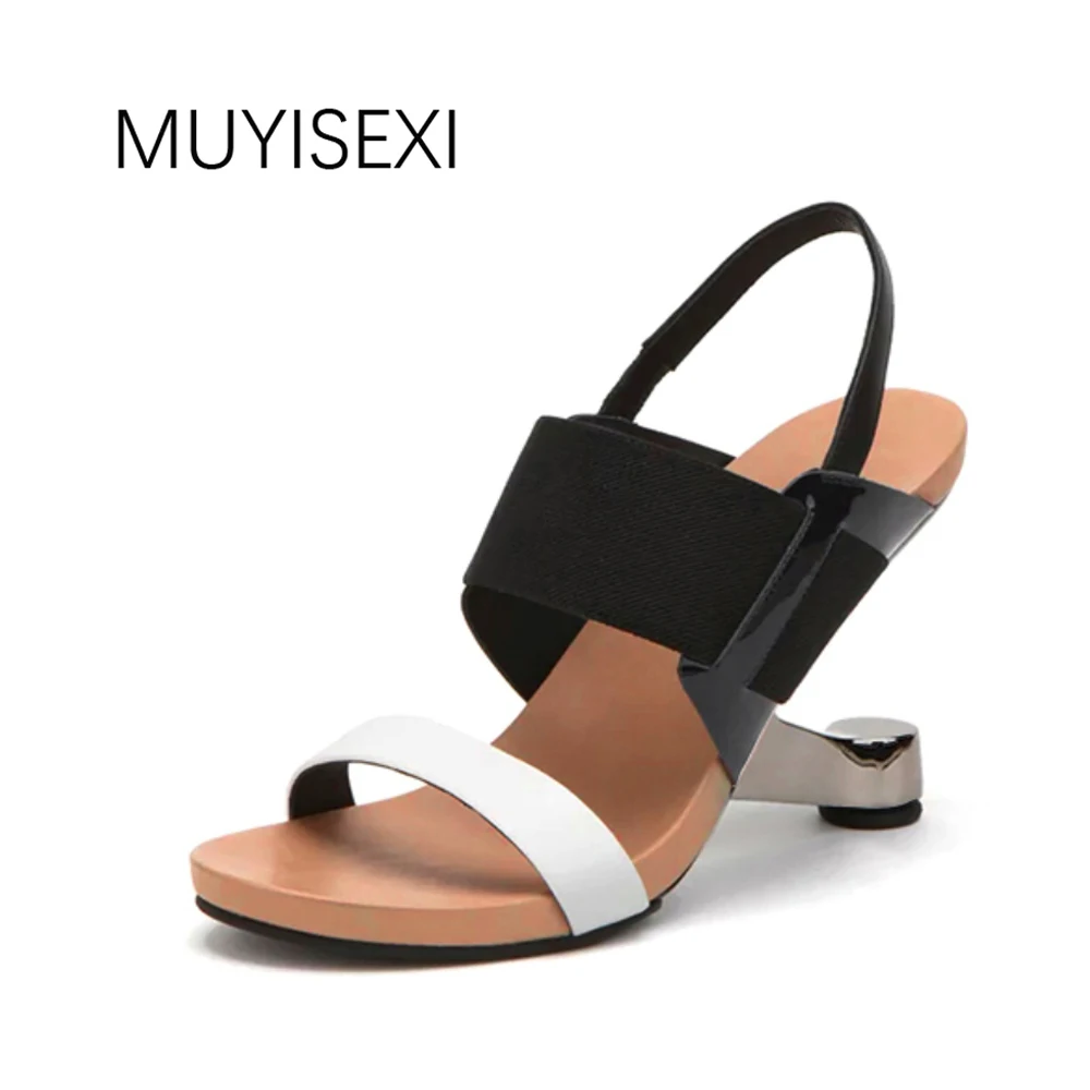 High Heel Sandals Women Shoes Genuine Leather Mixed Color Open Toe Strange Fretwork Heel Summer Women Sandals HL037 MUYISEXI