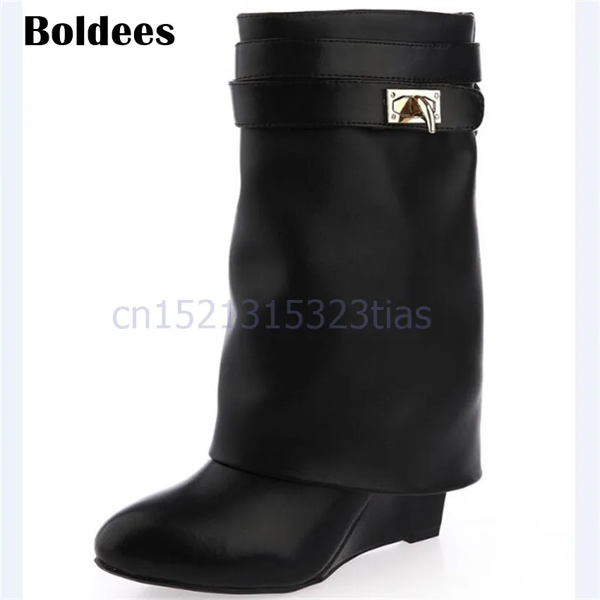 

Discount Shark Lock Ankle Boots Woman Pointed Toe Real Leather Height Increasing Wedge Mid-Calf Boots Woman Fashion Short Boots