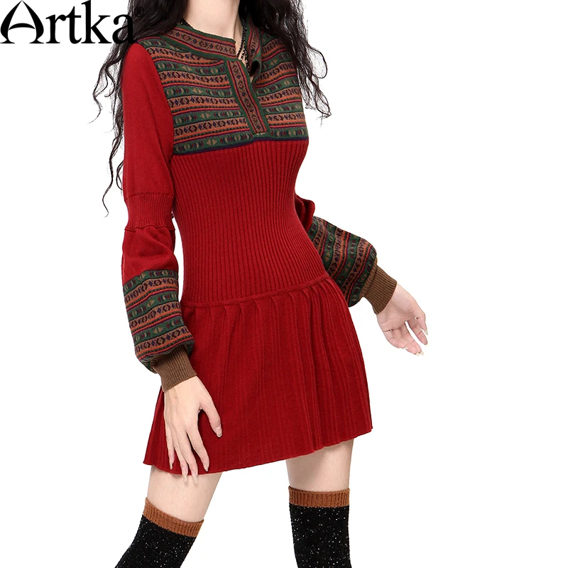 ARTKA Women\'s Autumn&Winter Casual Slim Warm Sweater Dress Vintage Lantern Sleeve All-match Knit One-piece Dress LB15838D