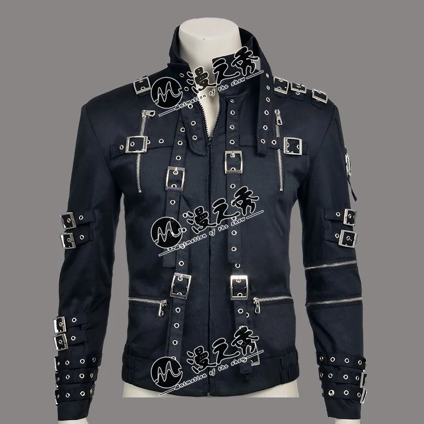 

Rare MJ Michael Jackson Punk Rock Style BAD Tour Black Cotton & Leather Rivet Slim Zipper Jacket Outwear