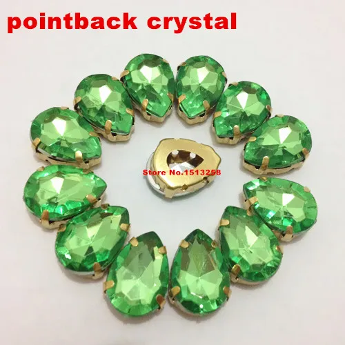 10x14mm  Sew On Rhinestones Pear Stone Acrylic Fancy Stone In Plated Gold Claw Setting Sewing Beads Crystal Peidot color