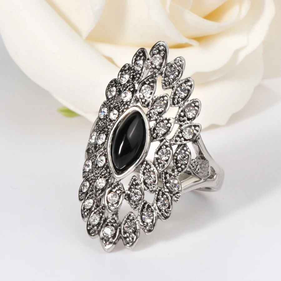 Kinel Unique Vintage Jewelry Gray Crystal Big Rings For Women Ancient Silver Color Punk Ring Female Wedding Party Crystal Gift