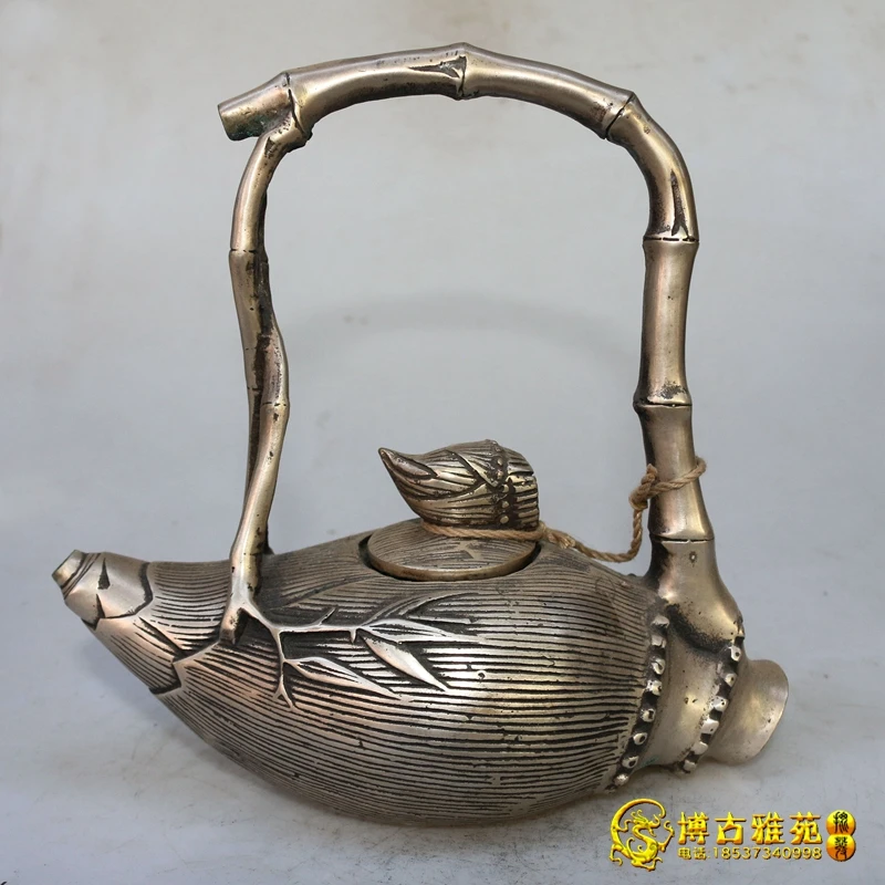 

China Tibet Old Vintage decoration miao Silver bamboo shape statue pot Teapot metal handicraft wine pot