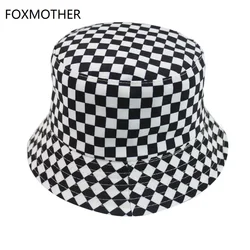 FOXMOTHER New Black White Plaid Check Bucket Hats Fishing Caps Women Mens