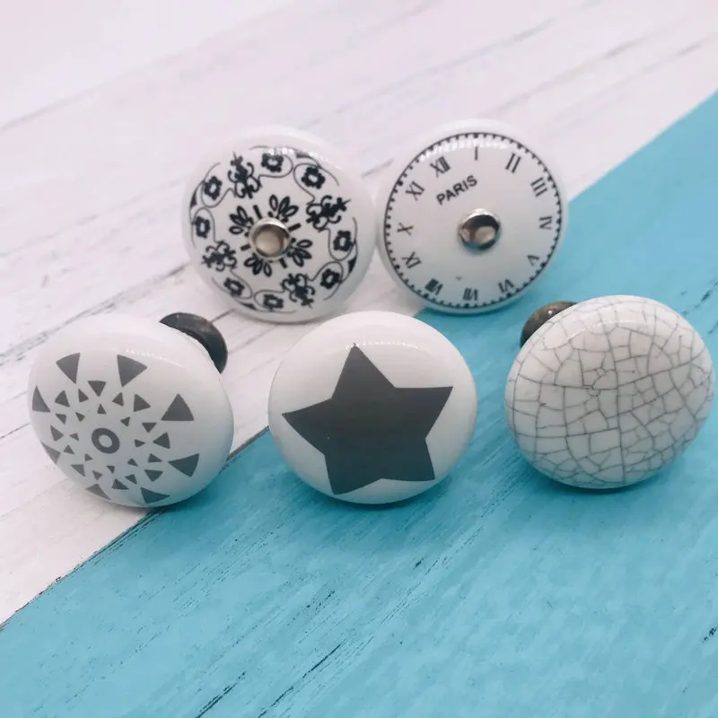 1x Star Flower Clock Print Ceramic knob Kitchen Cabinet Cupboard Door knob and handles Pastoralism White Kids Drawer Knob Pulls