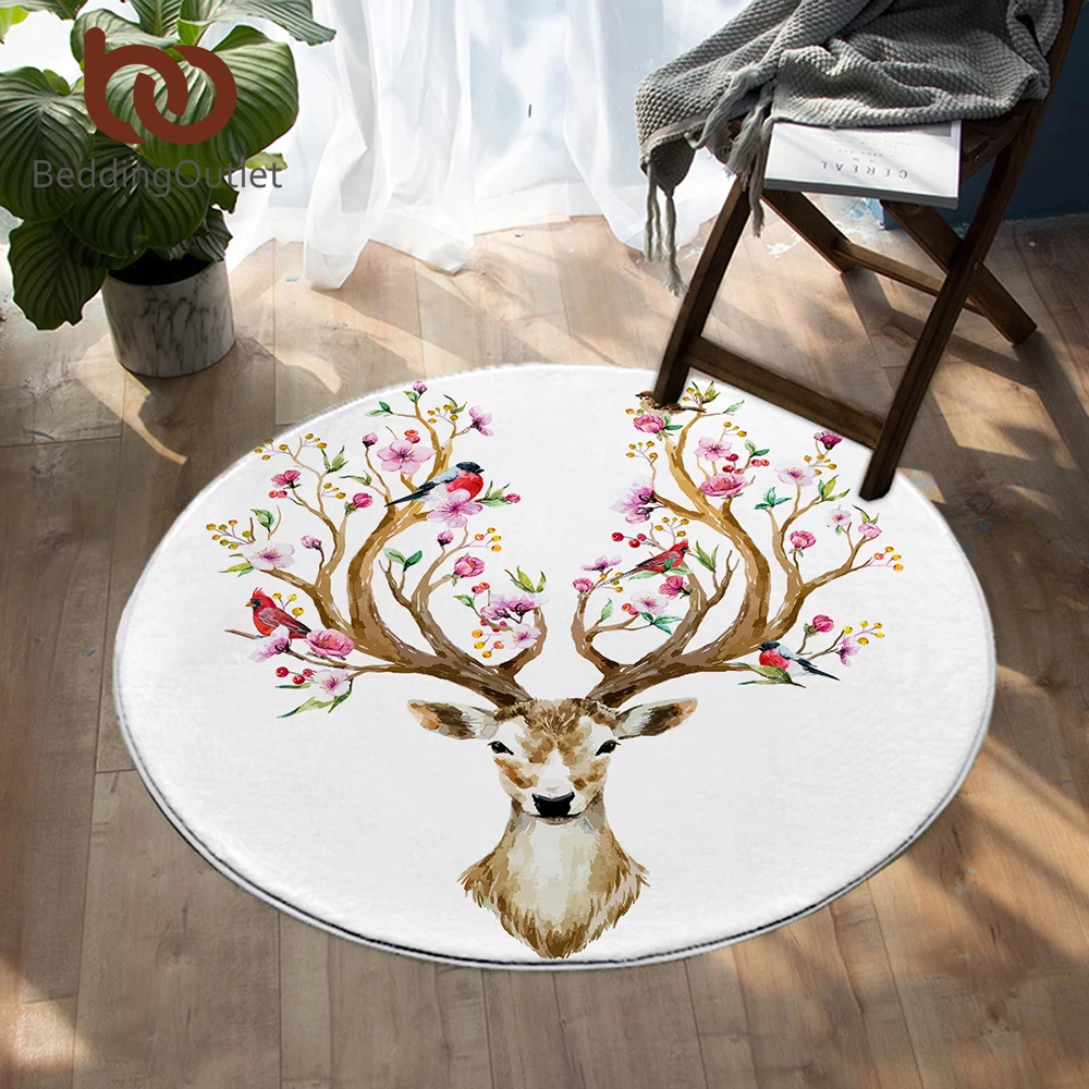 BeddingOutlet Floral Elk Deer Round Carpets Flowers Chair Area Rug Animal Birds Living Room Floor Mat for Bedroom Kids Play Mat