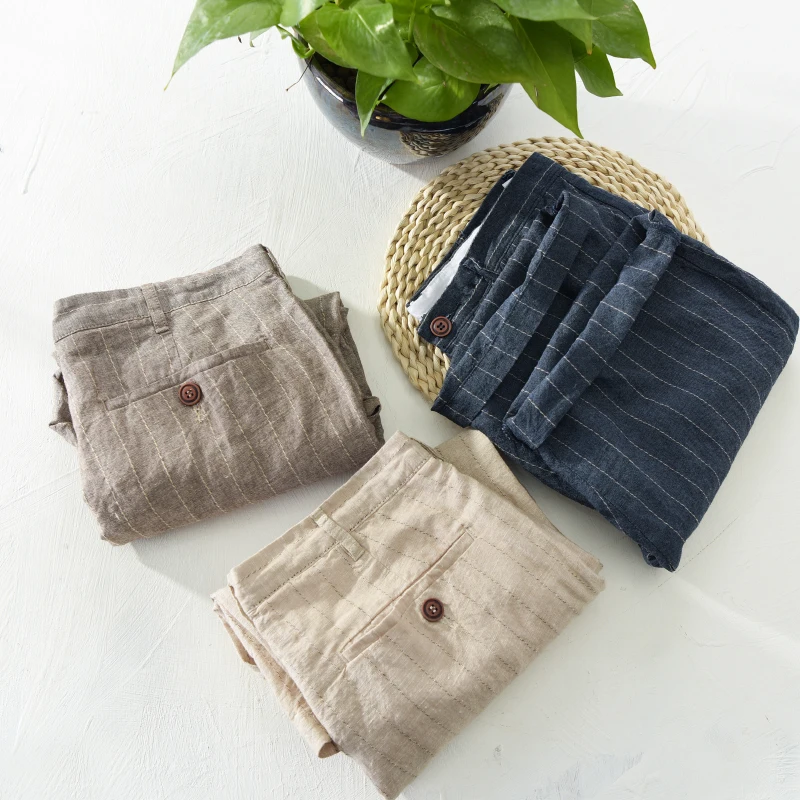 New Men\'s striped shorts linen beach shorts men 29-38 size 100% flax board short mens summer casual bermuda masculina