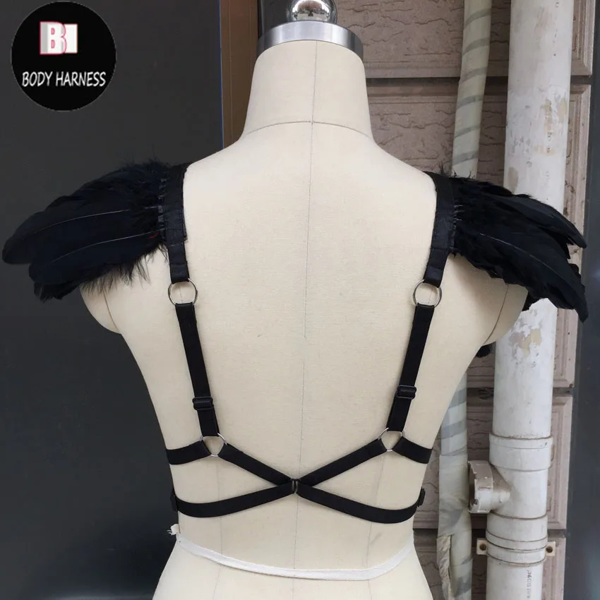 white wings Elastic black body harness feather shrug harness cage bra epaulets Edgy fashion body harness cage bra shoulder