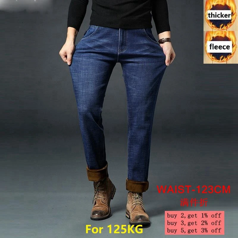 

Men fleece jeans thick pants warm large size big 5XL 8XL 9XL 10XL winter jeans elasticity autumn male casual loose trousers blue