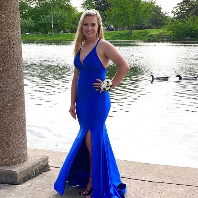 Sexy V-neck Royal Blue Evening Dress Sleeveless Front Split Vestido De Noite Full Length Women Formal Evening Party Gowns 2019