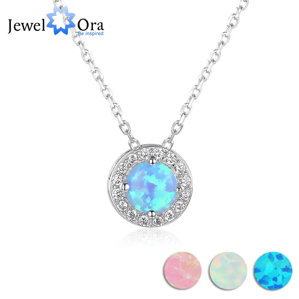 Women Pendants&Necklace  Round Blue Opal Stone Silver Color Jewelry Elegant Gift (JewelOra NE102694)