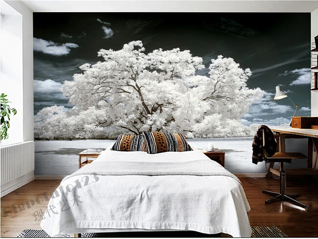 

Custom 3D murals,beautiful white flowers and plants trees , living room sofa TV wall bedroom background wall paper