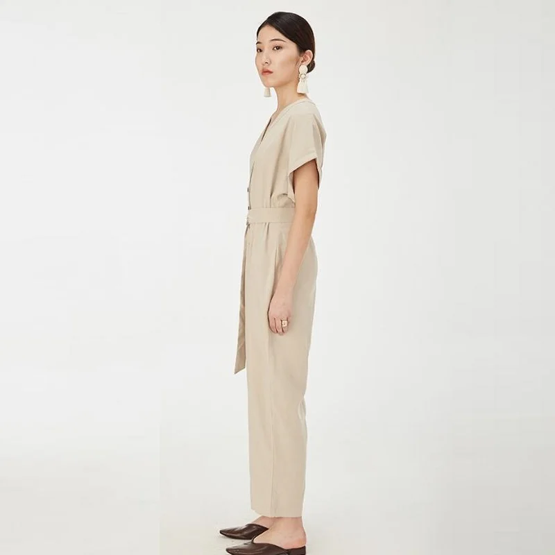 Longgar Kasual Jumpsuit 2019 Musim Panas Tombol Overall V Leher Lengan Pendek Wanita Playsuit Elegan Celana Kodok untuk Wanita 2019 DD2188